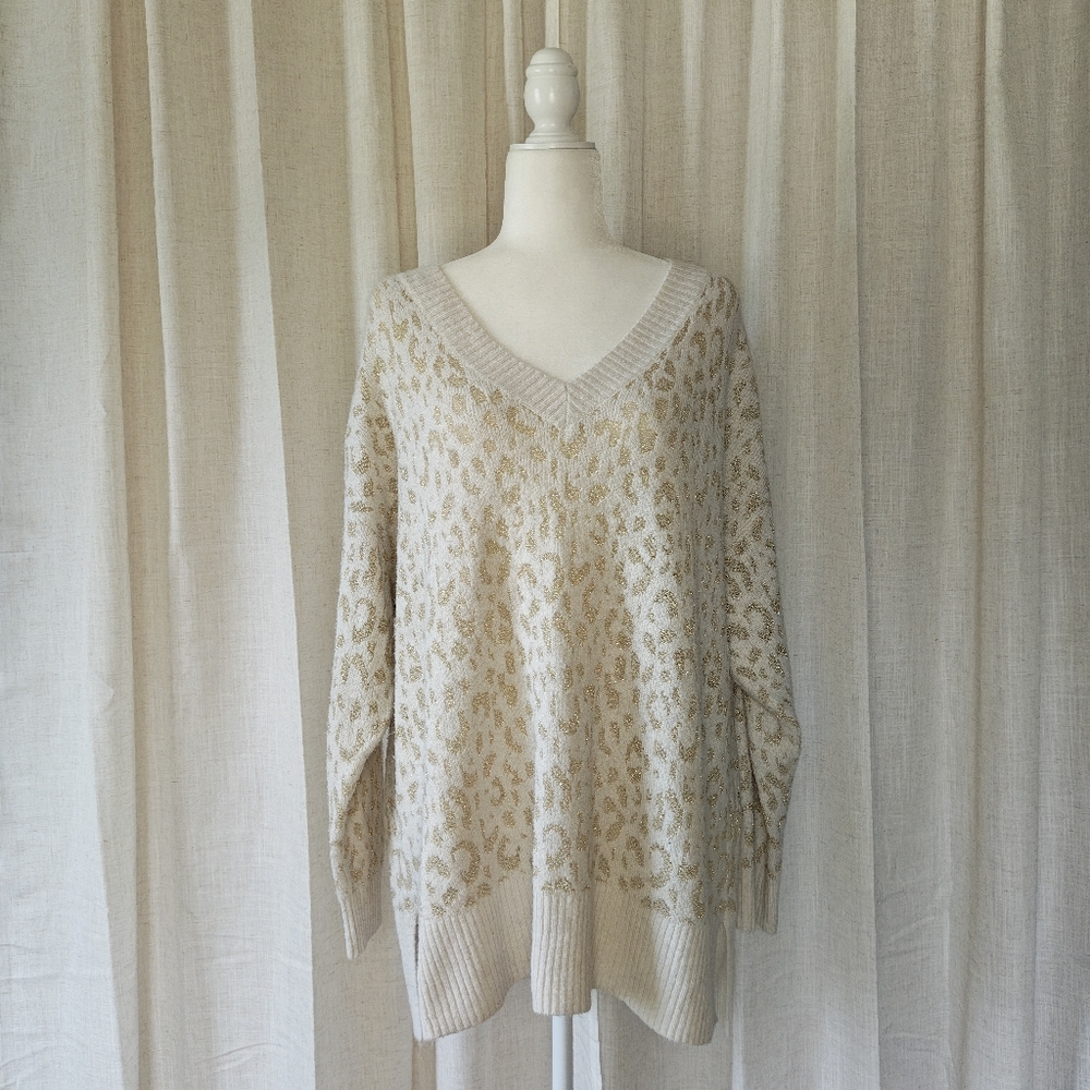 Nine West Beige Animal Print V-Neck Sweater